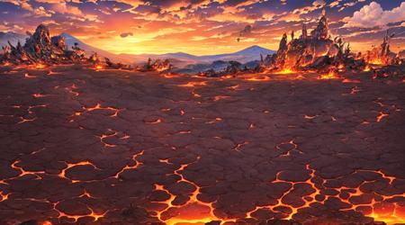 14984-762222472-Concept art, horizontal scenes, horizontal line composition, fire, scenery, molten rock, sky, cloud, outdoors, no humans, sunset.png